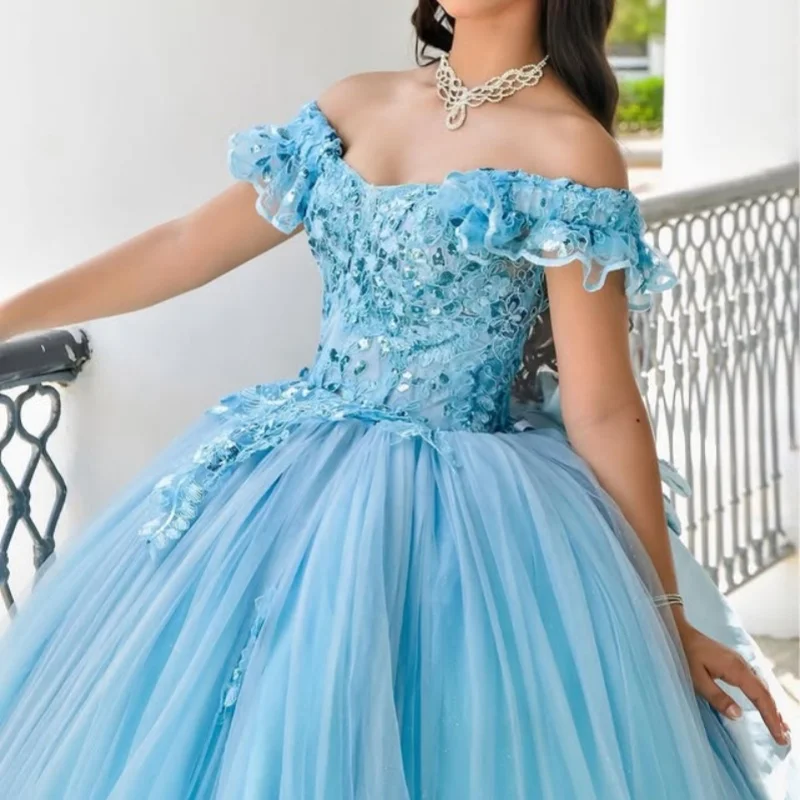 

Sky blueQuinceanera Dress off-shoulder Lace layering crystal flower decal Long tail Bow vestidos de 15 Quinceanera ﻿Customize