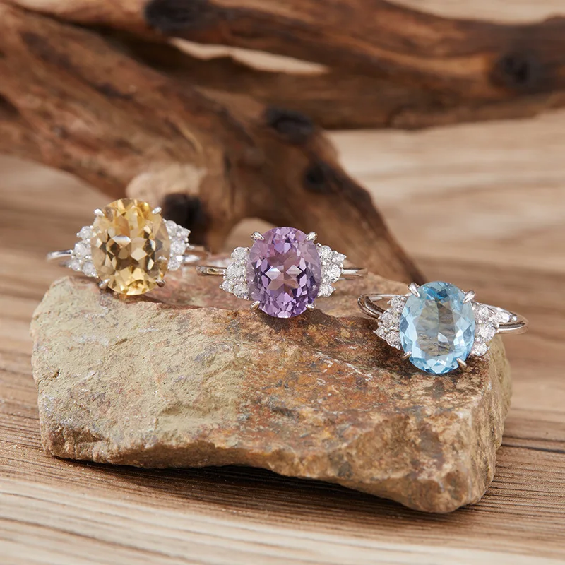 

Natural Topaz Citrine Amethyst Rings925Pure Silver Colorful Gemstone Index Finger Ring Live Hot-Selling Jewelry Wholesale