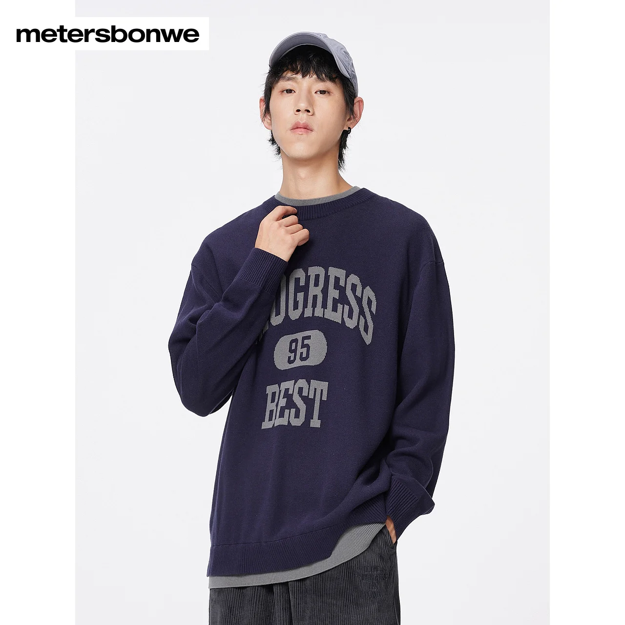 

Metersbonwe-Men's Crewneck Fake Two-Piece Sweater Jumper Loose Fashion Comfortable Pullover Letter Logo Campus Casual Winter