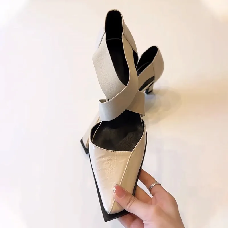 French Elegant Cross Elastic Strap Square Toe Mary Jane Shoes Women Chic Thick Block Heel Pumps Daily Banquet Fashion Footwear