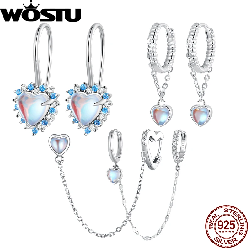 WOSTU Original 925 Sterling Silver Heart Hoop Earrings Ear Hoop With Moonstone Fine Jewelry For Women Party Wedding Dating Gift