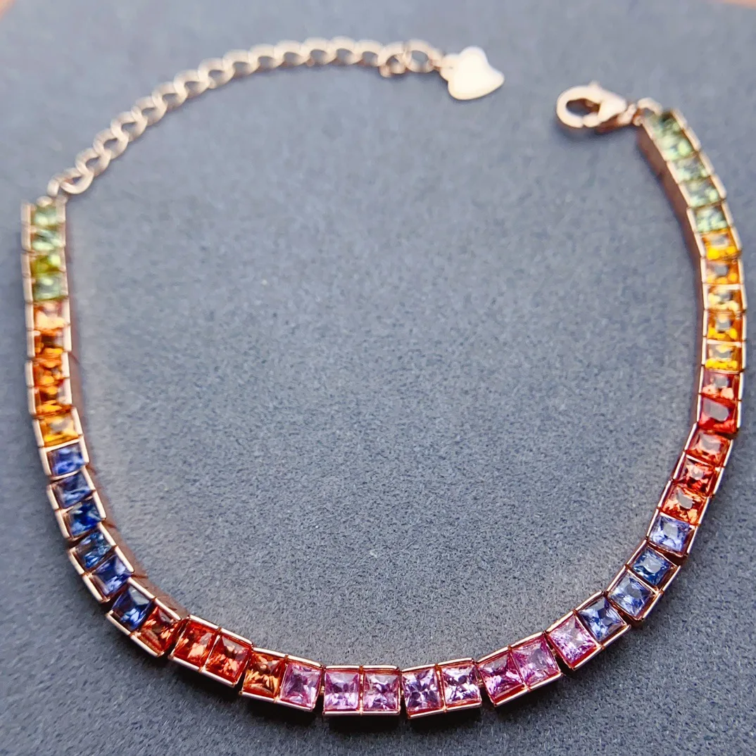 Natural Multi Color Sapphire Tennis Bracelet 2.5\*2.5mm Square Stone Rose Gold Plated S925 Silver Women Rainbow Gem Bracelet