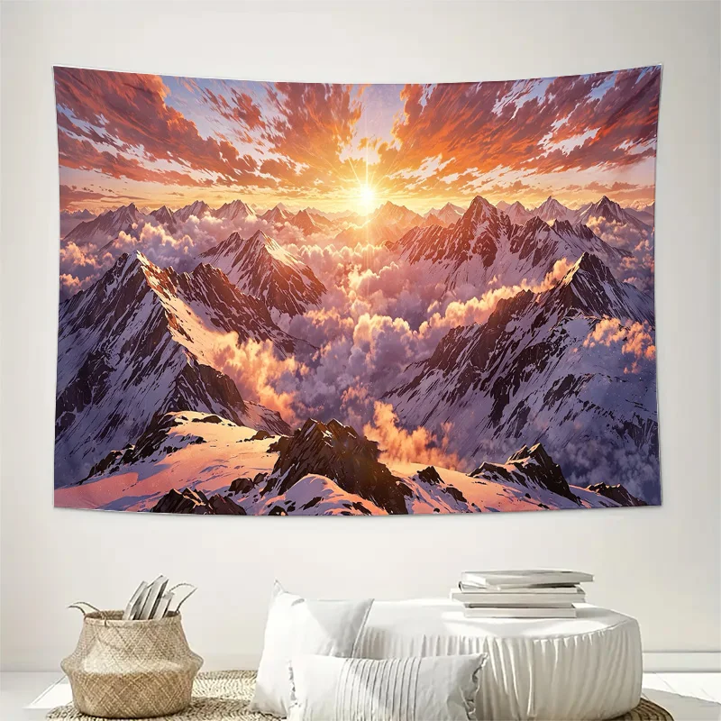 Sunrise Snowy Mountain Peaks Clouds Sky Scenic Wall Tapestry Machine Washable All Season Decor Print Home Elevate Your Space