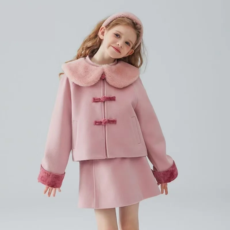 Girls' Winter Princess Little Fragrant Wind Set Children's Pink Collar Woolen Coat Short Skirt 2-piece Set Girls' Clothes