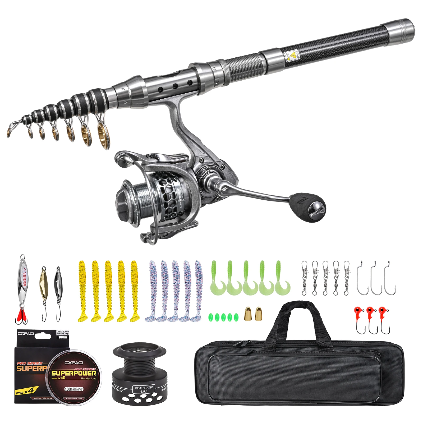 Angelruten-Set 2,4M Teleskopstange und Hochgeschwindigkeits-Übersetzungsverhältnis Aluminium-Spule Angelrolle mit Angelschnur Köder-Tasche Set
