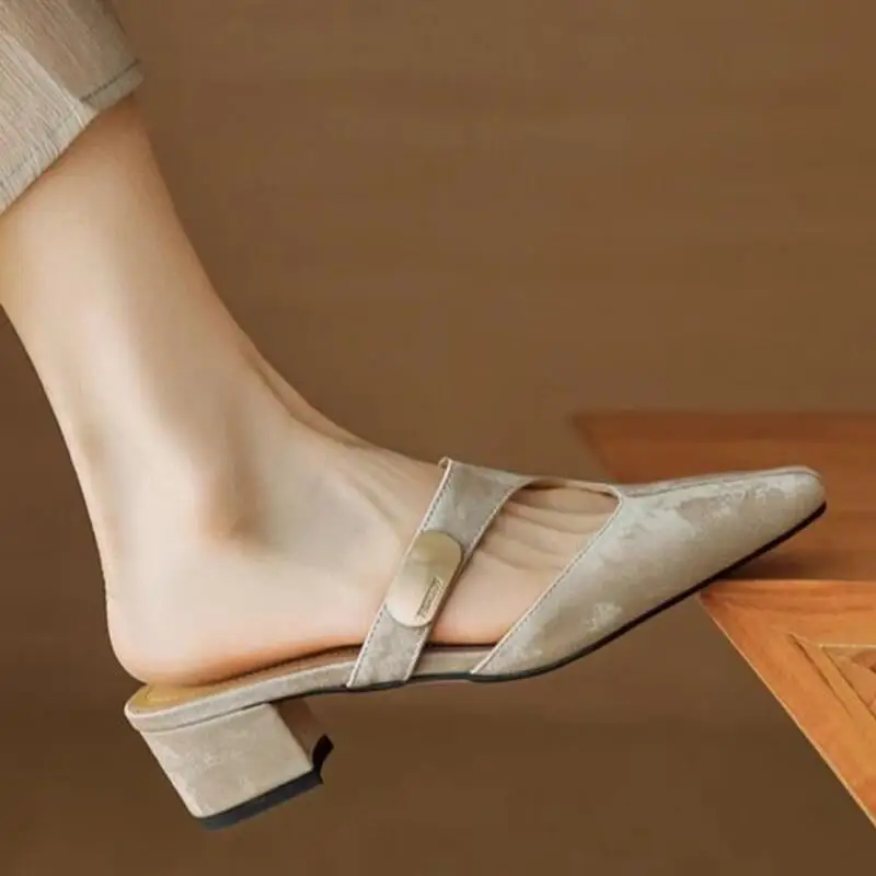 2026Springsummer New French Pointed Shallow Mouth Thin Heel Cool Slippers with One Button Strap Fashion Comfort Mary Janesandals