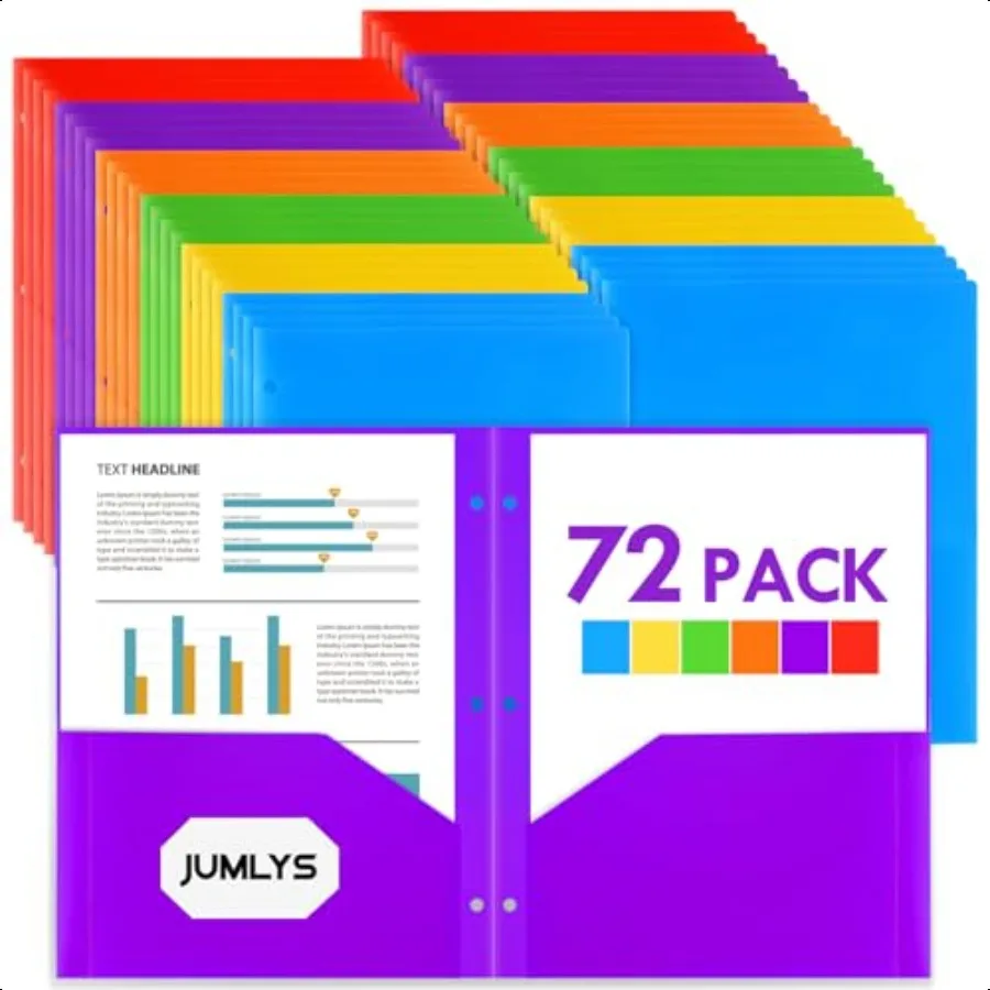

72 Pack 2 Pocket Folders with 3 Holes Punch Plastic Folder for 3 Ring Binder Heavy Duty Folders with Pockets for Letter Size Pa