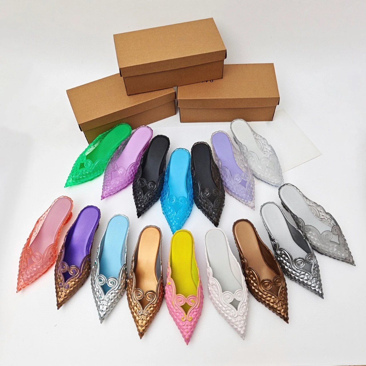 Fashion Summer Jelly Slides Original Brand Style Women Pointed-toe Crystal High Heel Slippers Girl Retro Elegance Slippe Ladies