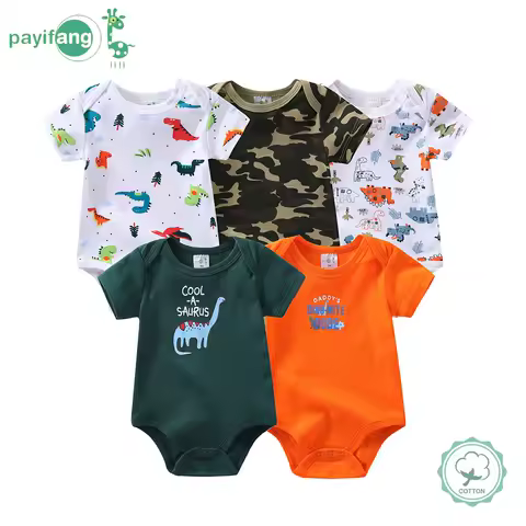 Conjunto de 5 peças de macacões para bebês meninos, roupa de manga curta com estampa de dinossauro de desenho animado, feita de algodão macio e confortável, adequada para bebês meninos, perfeita para uso ao ar livre