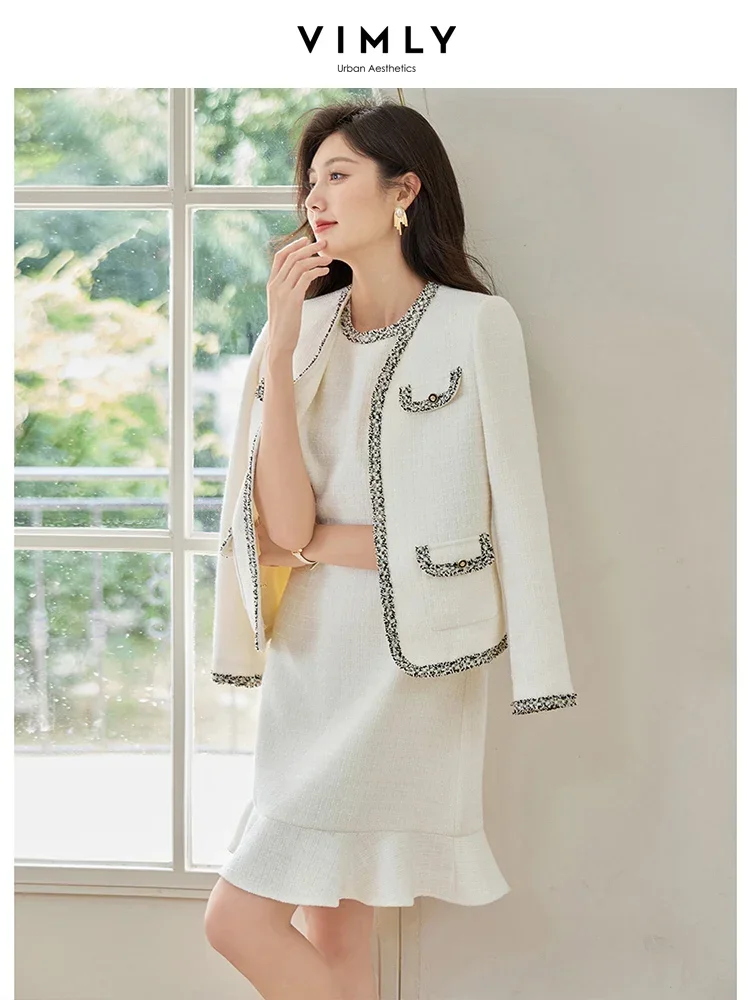 

VIMLY Твидовое платье из двух предметов для женщин, осень 2022, новая офисная одежда, платье миди с рыбьим хвостом, твидовая куртка, новый комплект в тон M2865