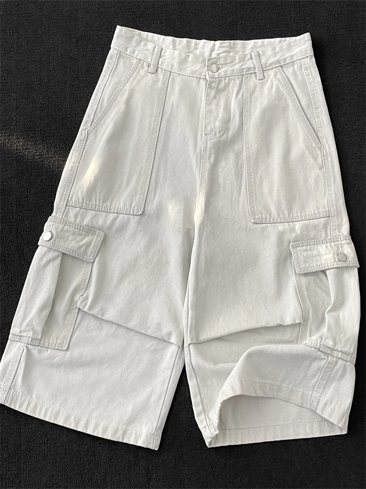 

American Retro Workwear orts Men's Summer Design Logging Loose Wide Leg over Knee Seven-Foot kets Large Casual Jeans