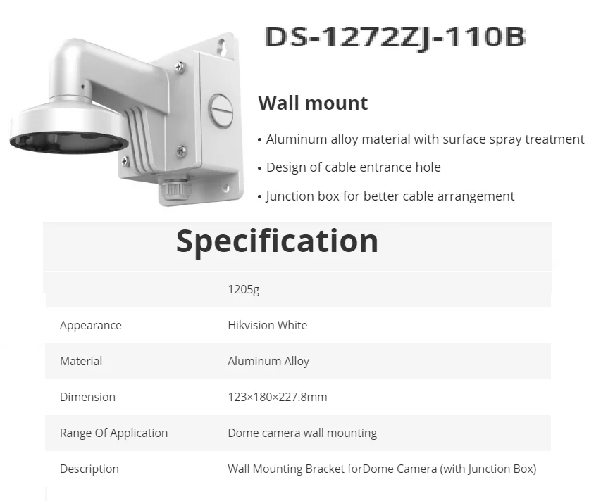 Aluminum Alloy Dome Bracket Wall Mount Hikvision DS-1272ZJ-110 DS-1272ZJ-110B DS-1272ZJ-120 DS-1272ZJ-110-TRS DS-1272ZJ-120B