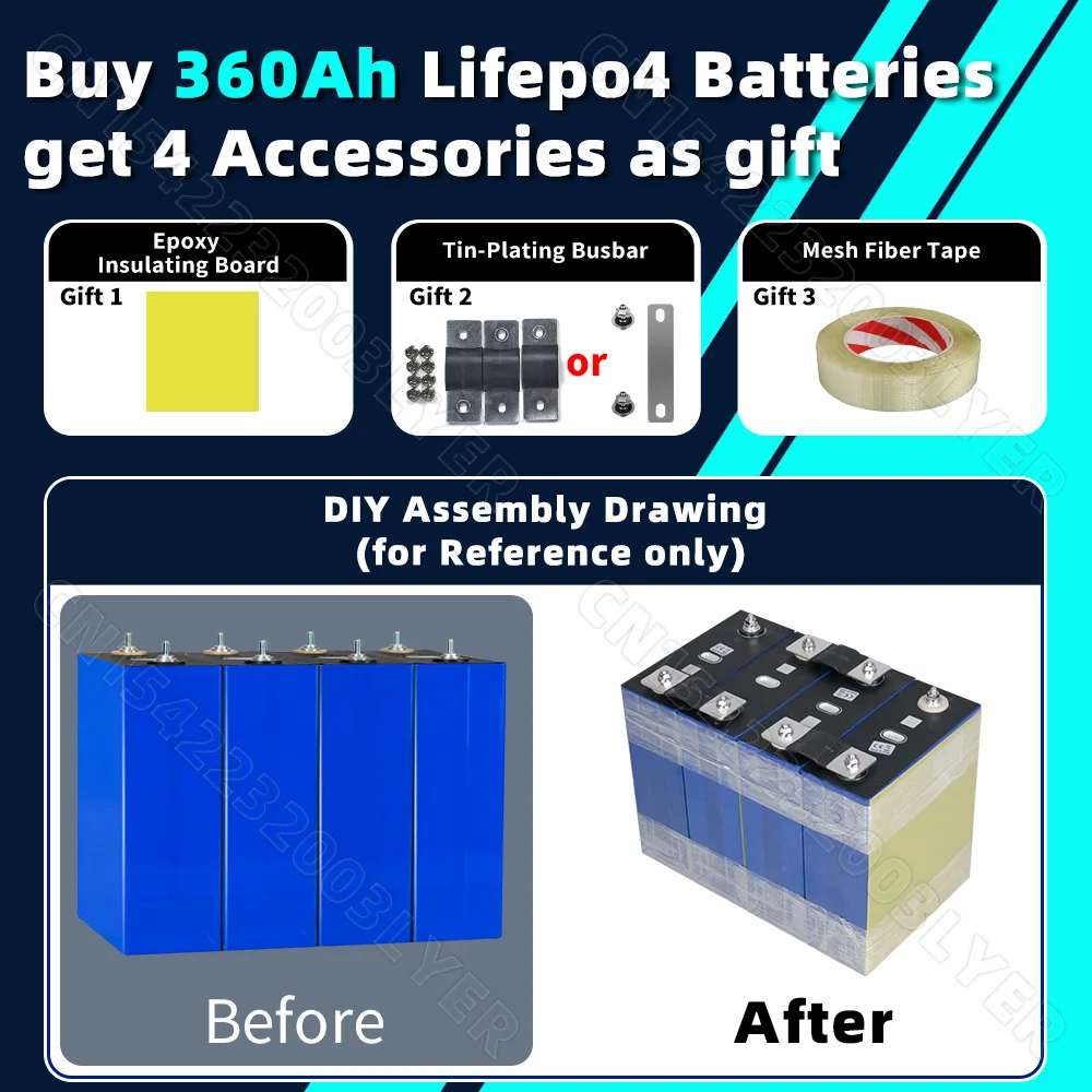 Batterie LiFePO4 360Ah 3.2V, 10000+ cycles, Grade A, rechargeable, pour DIY 12V 24V 48V, solaire, maison, chariot de golf, stockage, stock UE