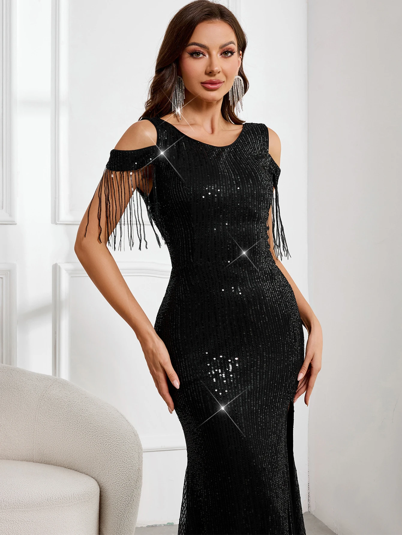 Abito estivo sexy con maxi paillettes nero senza schienale da donna, festa di compleanno, abiti lunghi da donna, eleganti abiti da sera da ballo di lusso vestido