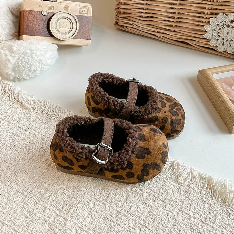 Super Cozy Furry mary jane shoes for Kids Girls New Brand Designer Metal Buckle Children Cotton-Padded Winter Shoes Kids