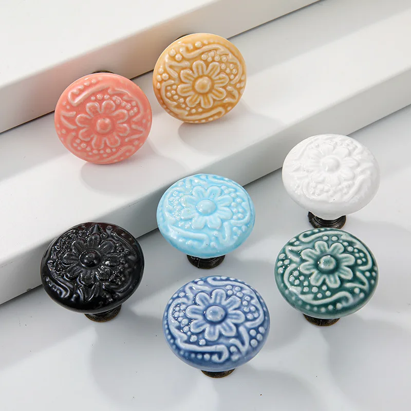 Colorful Floral Mushroom Ceramic Cabinet Knob Single Hole Drawer Handle For Kids Room Wardrobe Cupboard