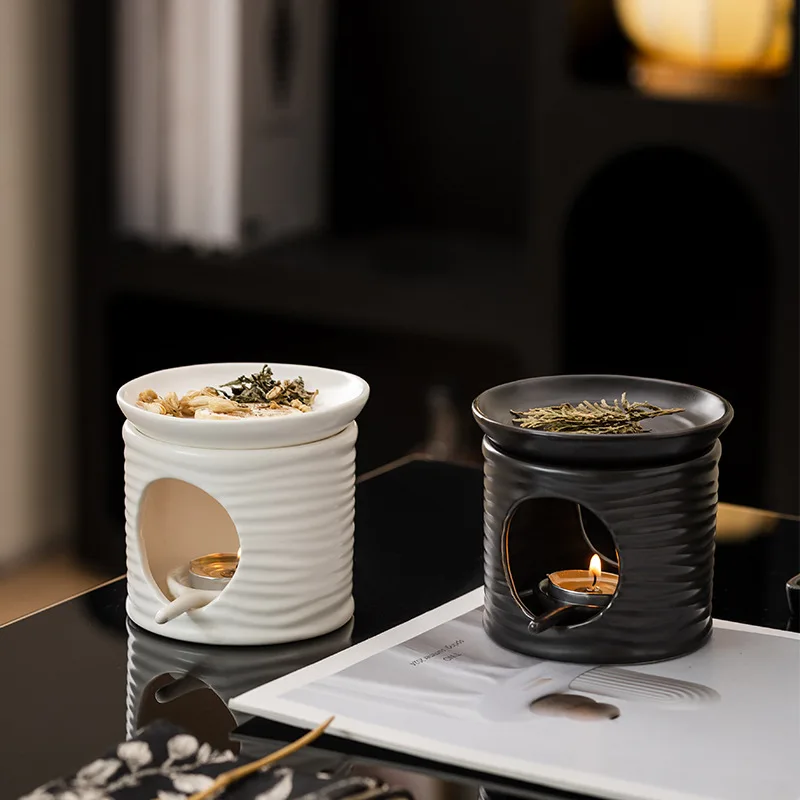 White Threaded Ceramic Wax Melt Burner, Candle Heating Aroma Diffuser For Essential Oil & Dried Flower, Indoor Fragrance Desktop