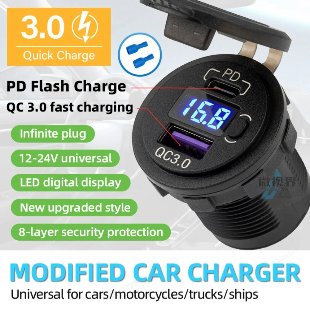 48W USB Car Charger Socket PD Type-C & QC3.0 Charger Port 12V USB Socket with Voltmeter for Car RV Boat Marine Truck Motorcycle