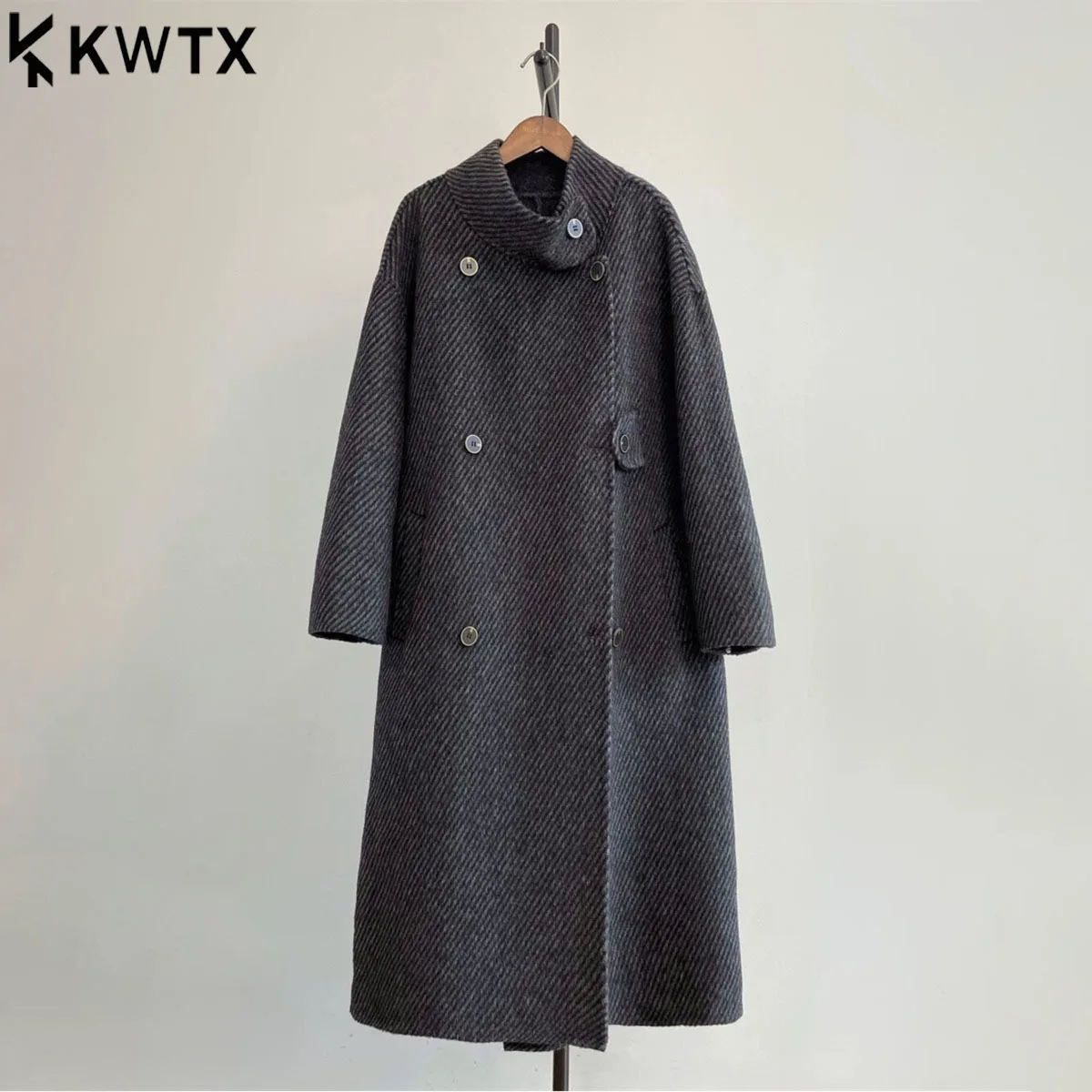 

KWTX Women's Winter 100% Wool Solid Color Coat Double-Breasted Stand Collar Mid-Length Vintage Elegant Casual New 2025