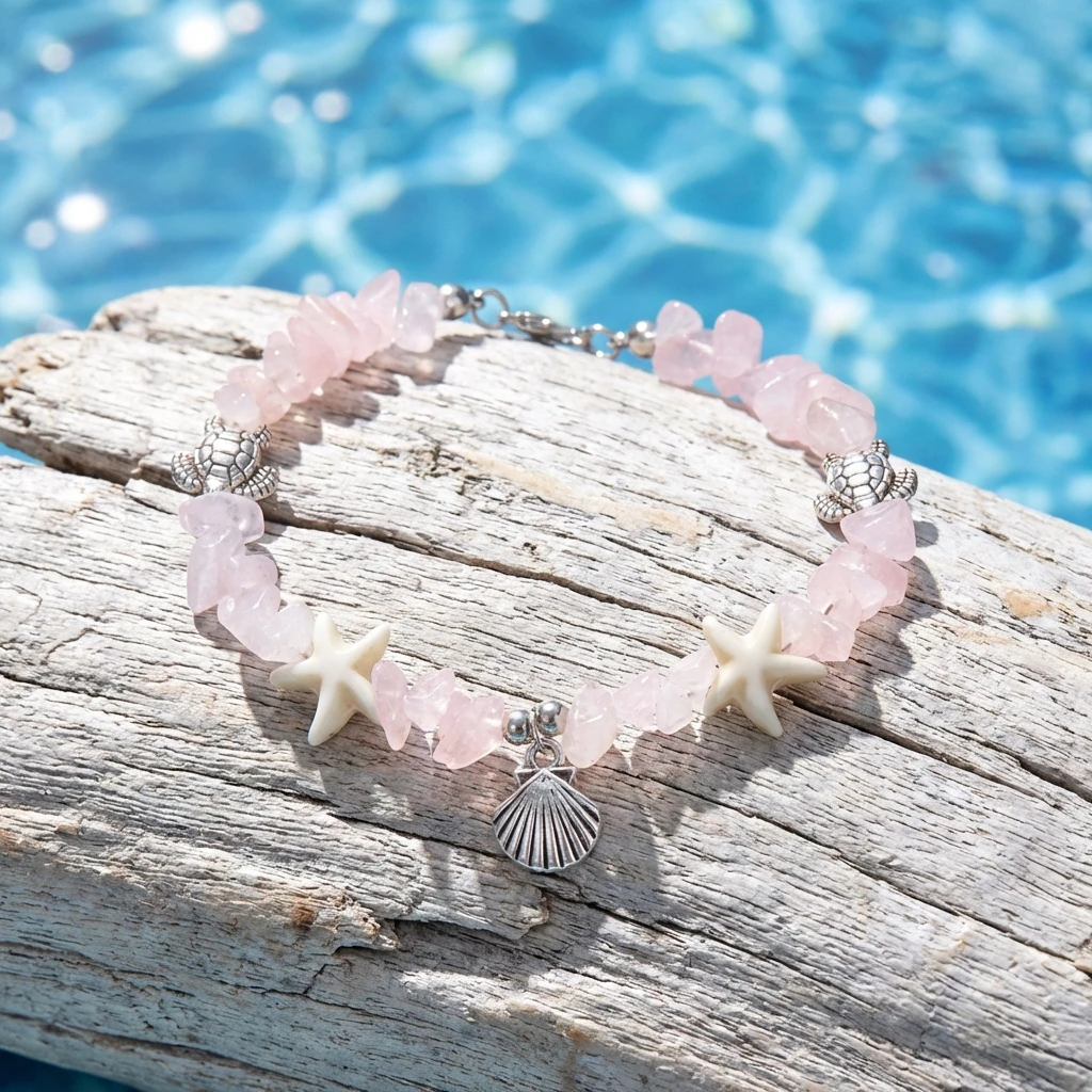Natürliches Rosenquarz-Chip-Armband mit silberfarbenem Schildkröten-Anhänger für Damen, Heilkristall-Energiestein-Armreif, Sommer-Schmuckgeschenk – Detail 4