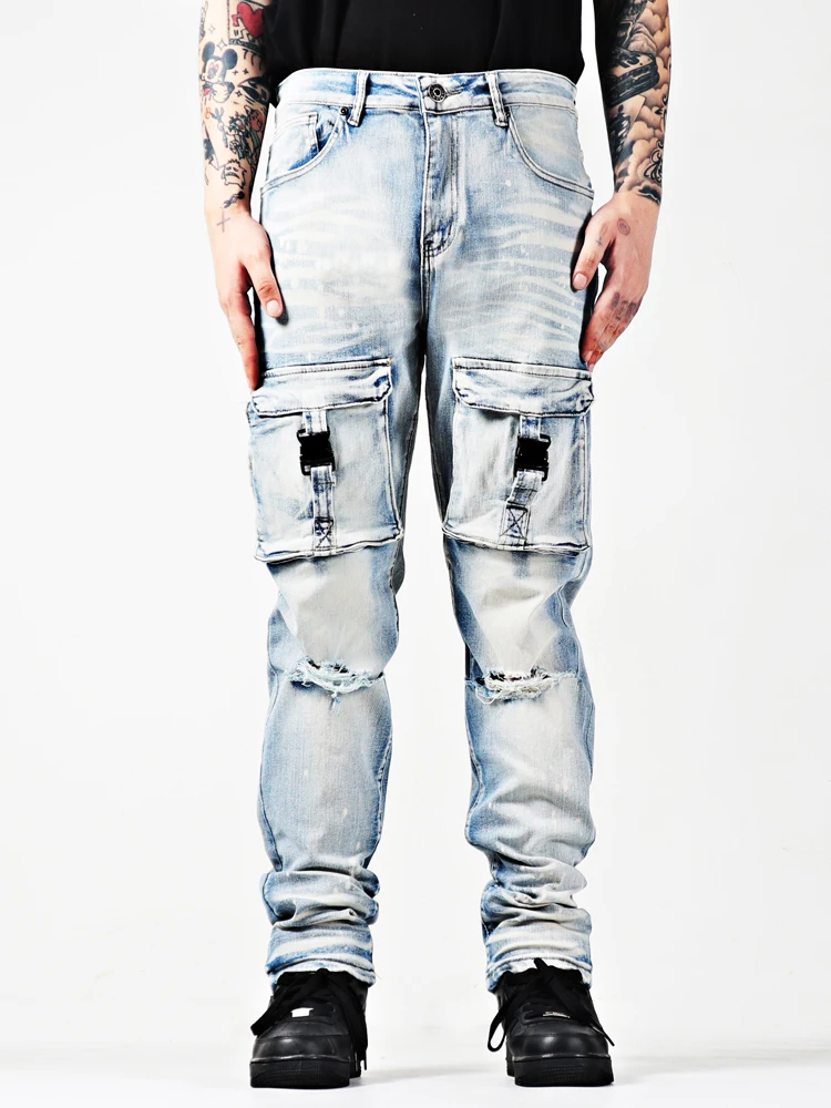 

American Street Hiphop Heavy Waed Metal Functionali Tear Knee Youth High Street Slim Fit Jeans Long Pants Cotton Stretch ...