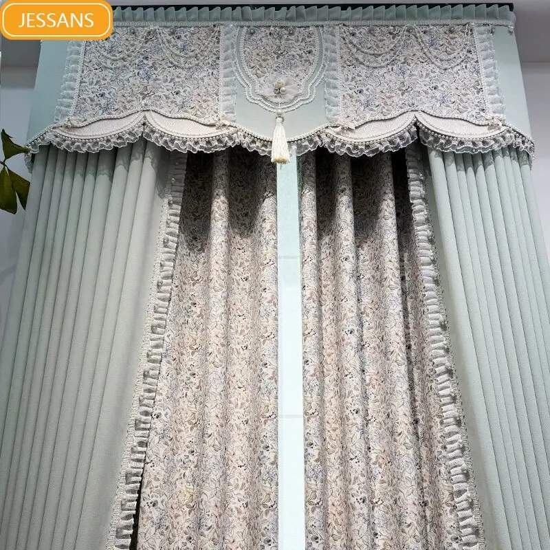 New Rural Flowers Light Green Lace Chenille Curtains for Bedroom Living Room French Window Customized Products Valance