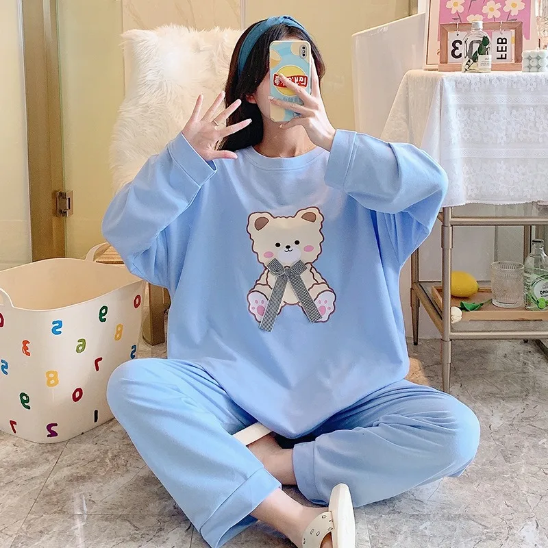 2XL-5XL Plus Size Cotton Sleepwear Women Korean Version Cartoon Long-sleeved Home Suit Loose Two-piece Set Can Be Worn Outside