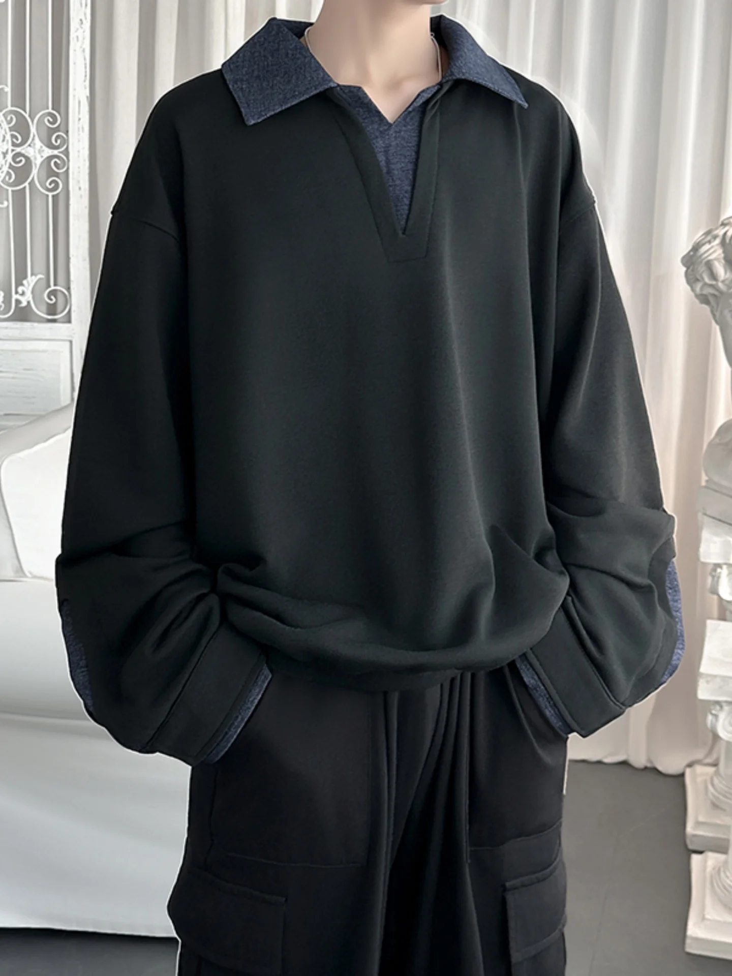 

Модный мужской свитшот свободного кроя с длинными рукавами, воротником и дизайнерскими вставками, осенне-зимний стильный уличный топ