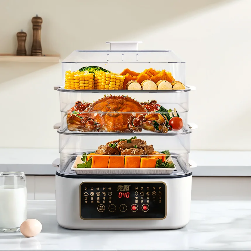 

Electric Steamer Multi-Functional Three-Layer Breakfast Maker with Large Capacity, Keep Warm, Pre-Set Timer