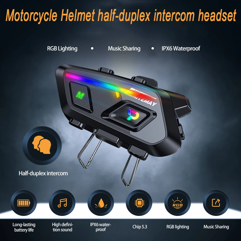 

Motorcycle Intercom Headset Helmet BT 5.3 Half-duplex Intercom 300M For 10 Riders Waterproof IPX6 with Music sharing Interphone