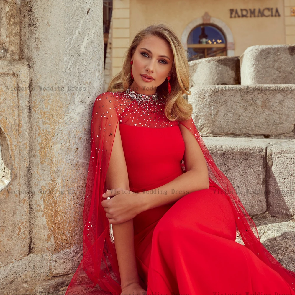 Elegante vestido rojo de tul de sirena para madre de la novia, vestidos de fiesta de boda sin mangas de cuello alto, cuentas hasta el suelo