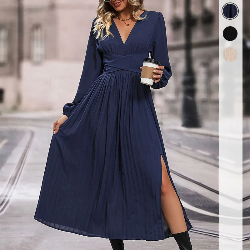

Elegant Party Dresses Woman Autumn and Winter Solid Color V Neck Long Sleeve Midi Dress with Side Slit Waist Wrap