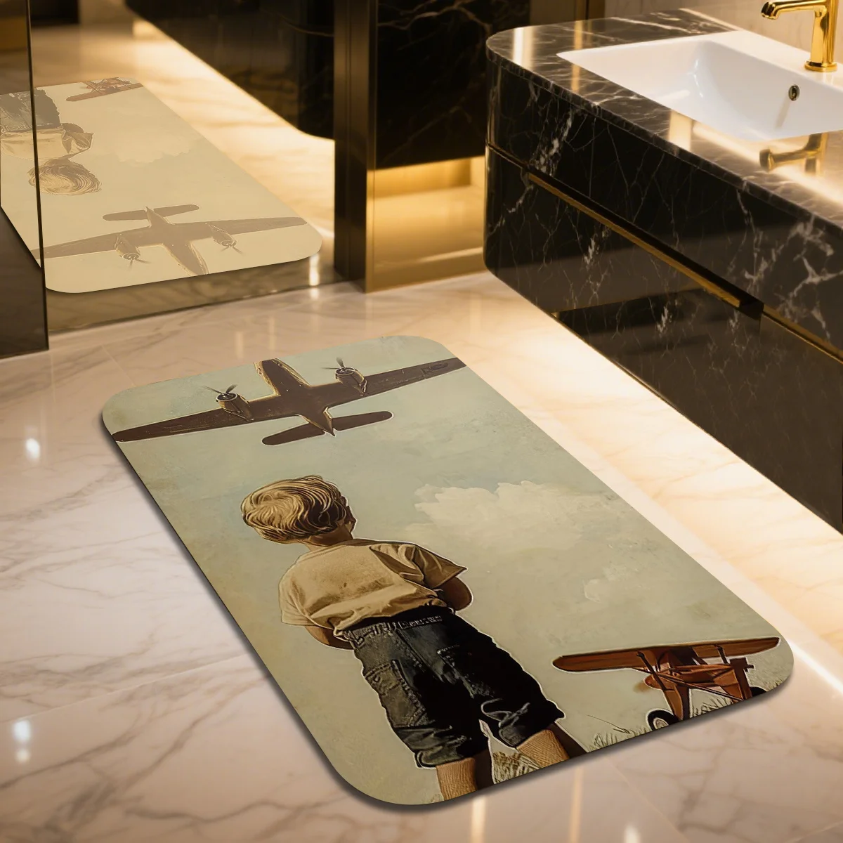 Vintage Boy Dreaming of Flight Door Mat, Retro Airplane Pilot Kids Floor Rug, Nostalgic Aviation Theme Entrance Carpet for Home