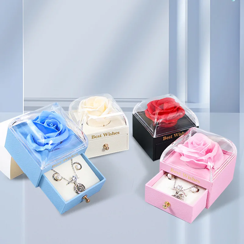 Preserved Flower Gift Box Jewelry Eternal Rose Acrylic Ring Necklace Jewelry Box Storage Display Case Girlfriend Mother Gifts