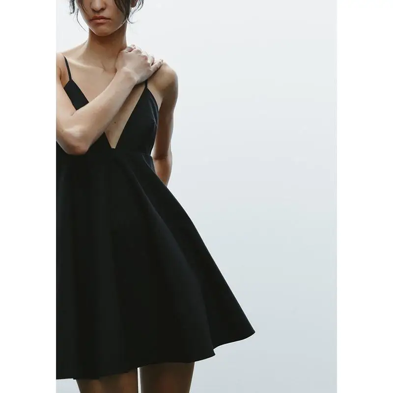 Primavera nueva mujer Hepburn Little Bla Dr vestido de noche Correa V-ne ort Dr cintura alta No Sve fibra de poliéster