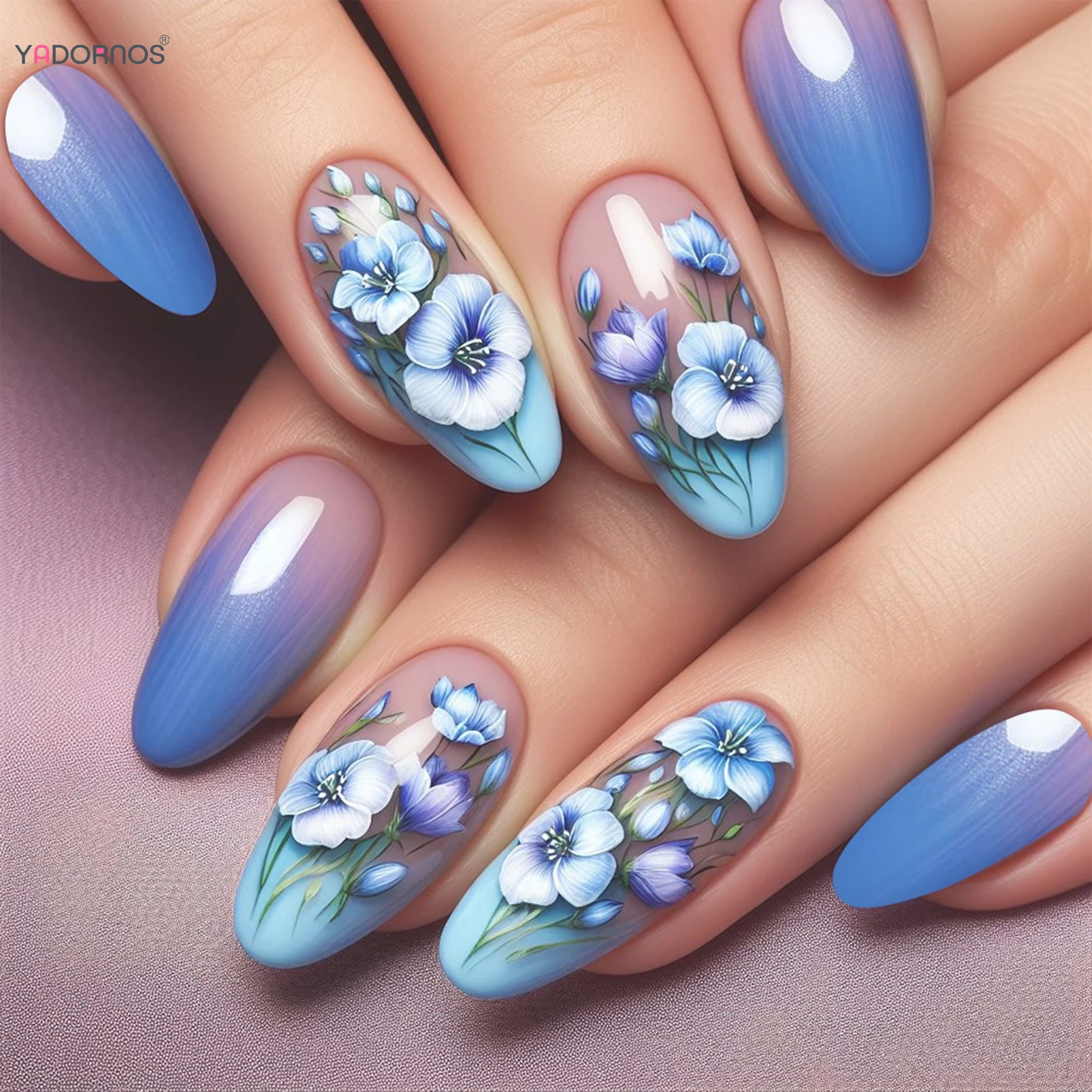 

Gradient Blue Flower Printed Fake Nails Almond Wearable Press on Nails Full Cover Stick-on False Nails Women DIY Manicure