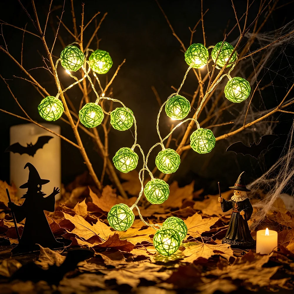 1/2 Sets 20 LED Simulated Rattan Ball Light String, Used for Halloween Christmas Indoor Courtyard Christmas Tree Wreath Decor