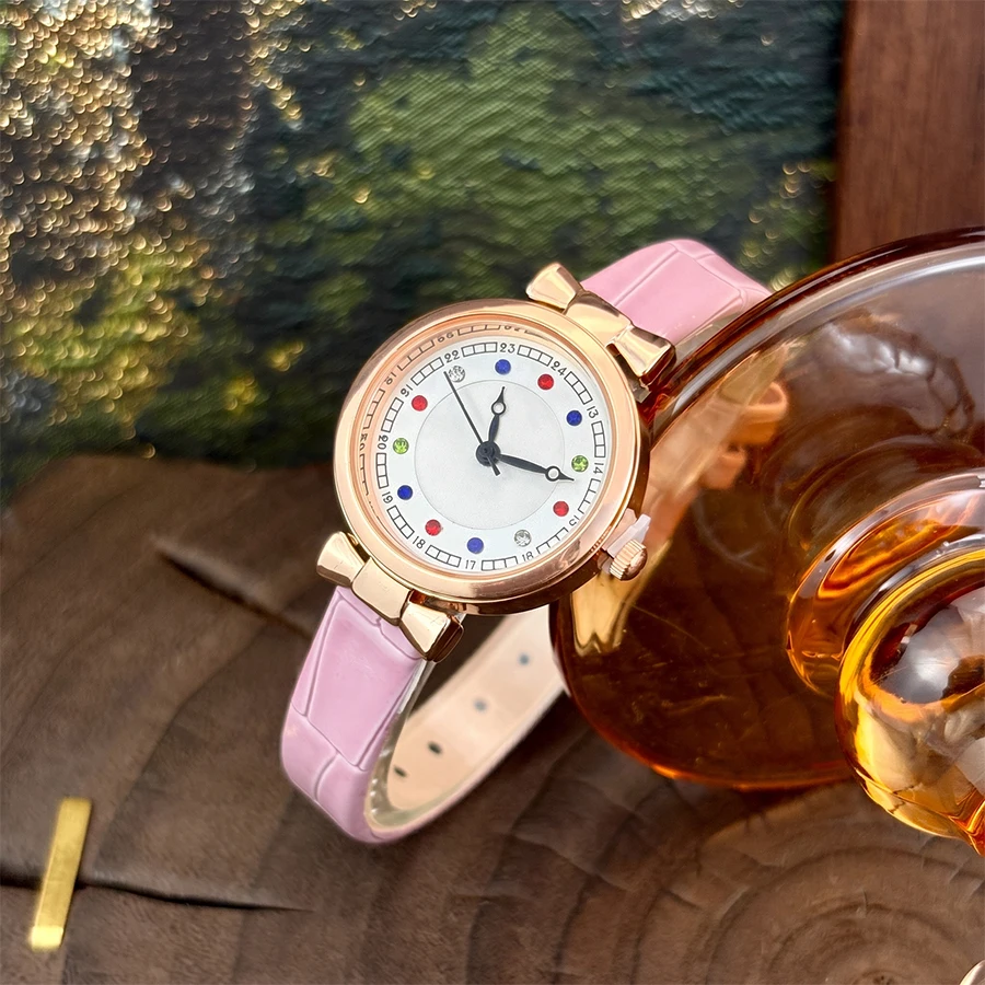 Leather Watch for Woman: Colorful Diamond Inlaid Dial Glossy Retro Style Fashion Watch