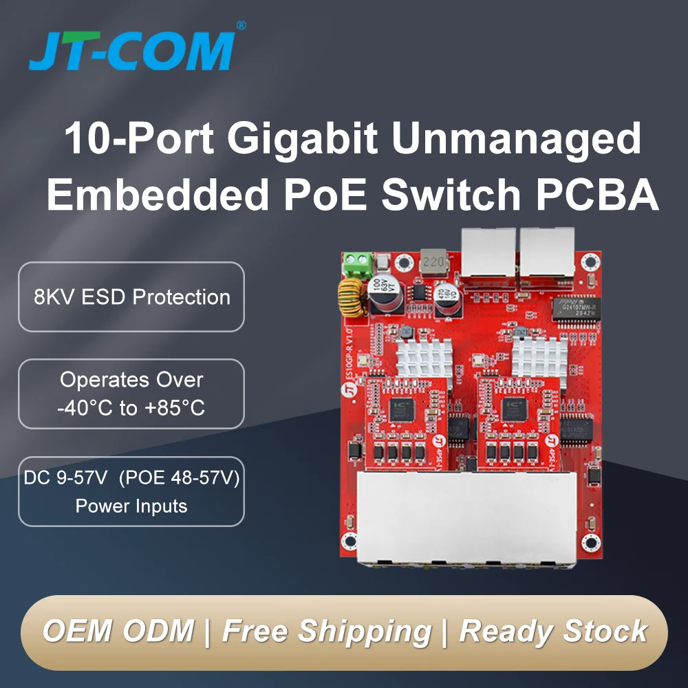 10 Port Gigabit Embedded Switch PCBA Board 8‑Port PoE+ 2-Port RJ45 Ethernet Switch Module for IP Camera Surveillance OEM Project