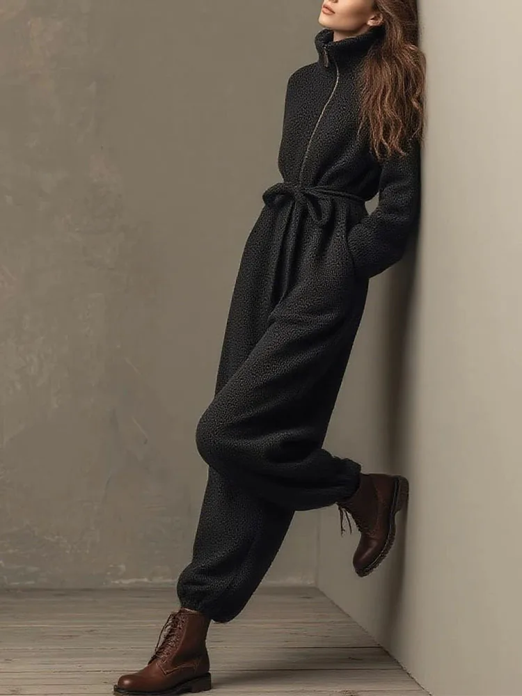 

Neutral motorcycle style slim fit jumpsuit fashionable stand up collar zipper drawstring strap pocket jumpsuit