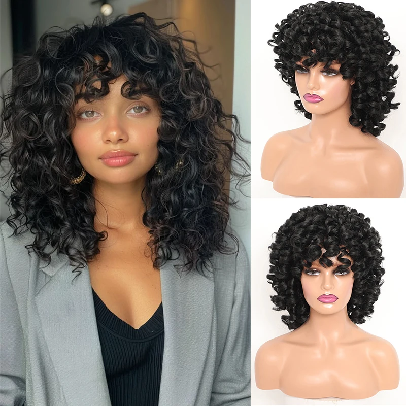 

Short Black Loose Curly Hair Wig 12'' Afro Fulffy Curly Wig with Bang Synthetic Natural Bouncy Curly Bob Wigs for Women Cosplay