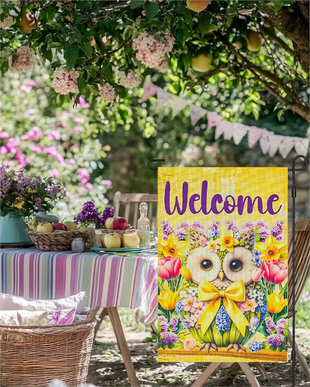 Welcome Spring Summer Owl Bird Floral Garden Flag 12x18 Inch Double Sided, Burlap Small Vertical Tulip Flowers Yard Flags Ou EEZ