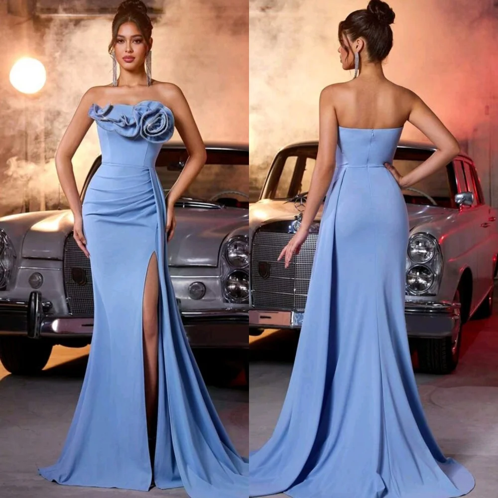 

Customized Modern Style Fashion Jersey Handmade Flower Ruched Mermaid Strapless Long Dresses Bespoke Occasion Dresses Classic