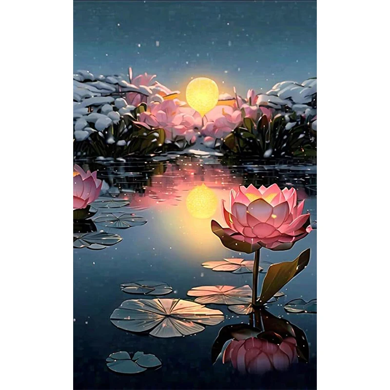 

DIY Diamond Embroidery Sunset Lotus 5D Diamond Painting Full Square Drill Embroidery Lake Flowers Cross Stitch Mosaic Home Decor