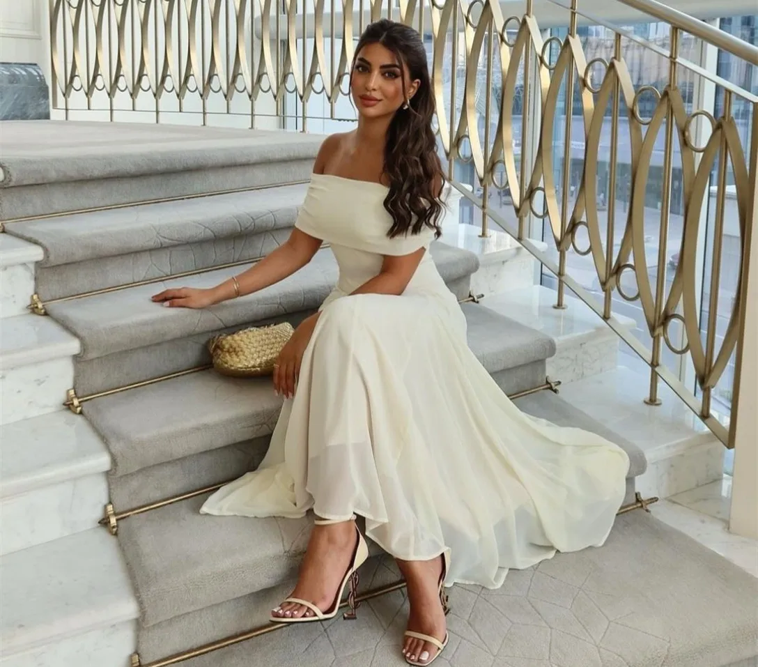 

Customized Short Ivory Chiffon Evening Dresses Sheath Boat Neck Pleated Ankle Length Vestidos de noche Prom Dress for Women