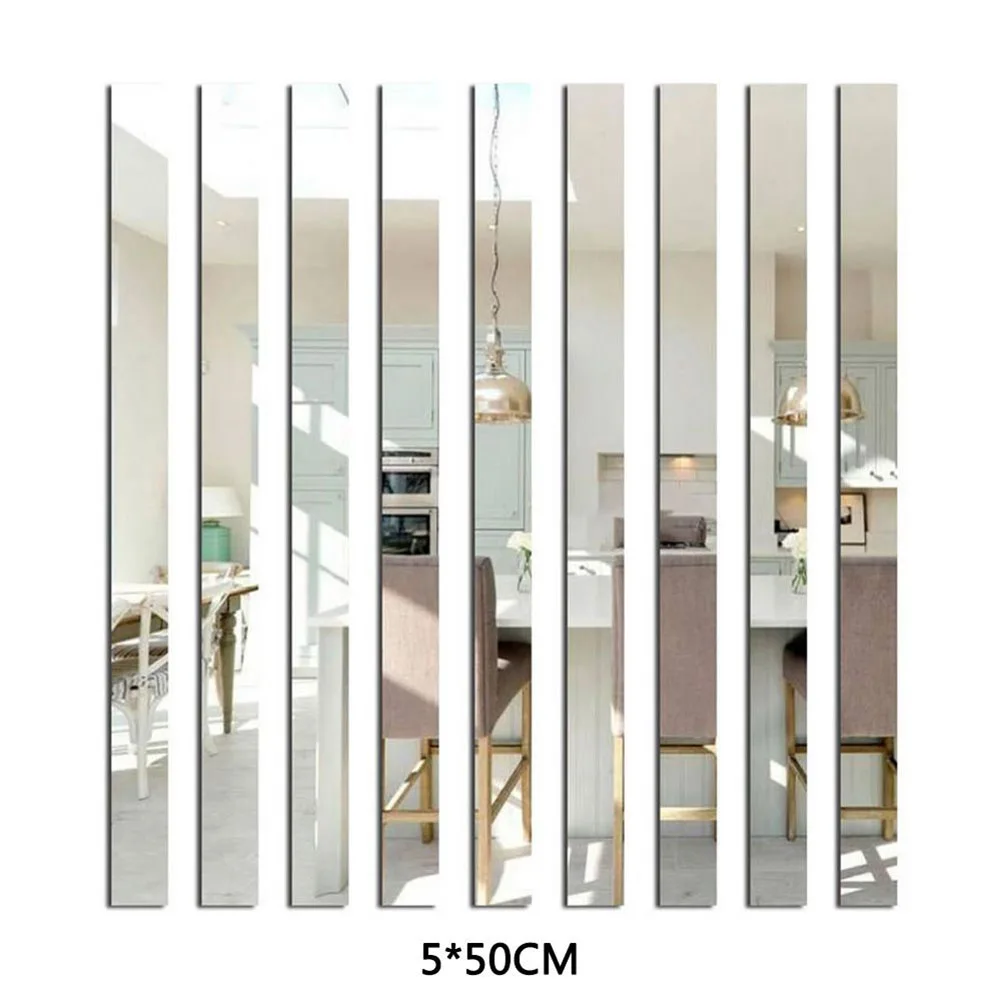 10Pc Long Strip Acrylic Mirror Stickers Self Adhesive Mosaic Wall Sticker Removable Decal DIY Art Wall Living Room Decor 5×50cm​