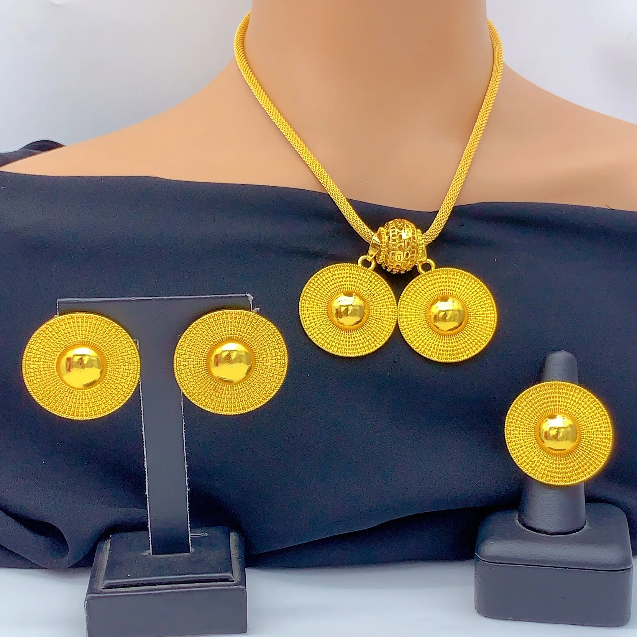 Luxuriöses Äthiopisches Zweireihiges Halsketten- und Ohrring-Set für Damen, Dubai Brautschmuck, 24k Goldfarben-Set, Hochzeitsgeschenke – Detail 1