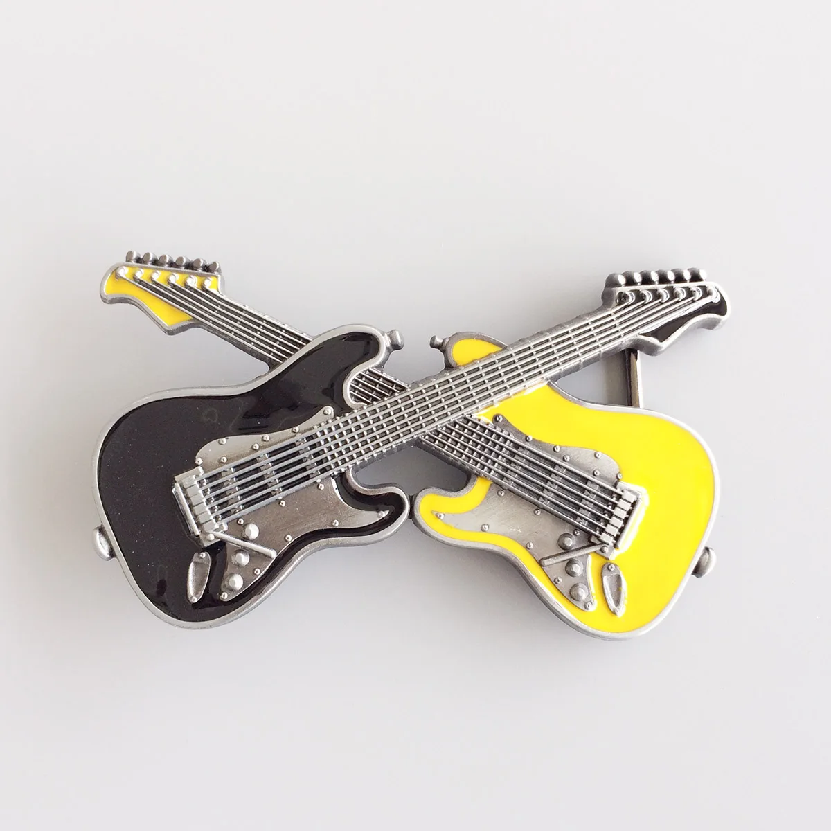 Vintage Style Black Yellow Enamel Cross Double Guitar Music Belt Buckle also Stock in the US BUCKLE-MU094BKYE Free Shipping