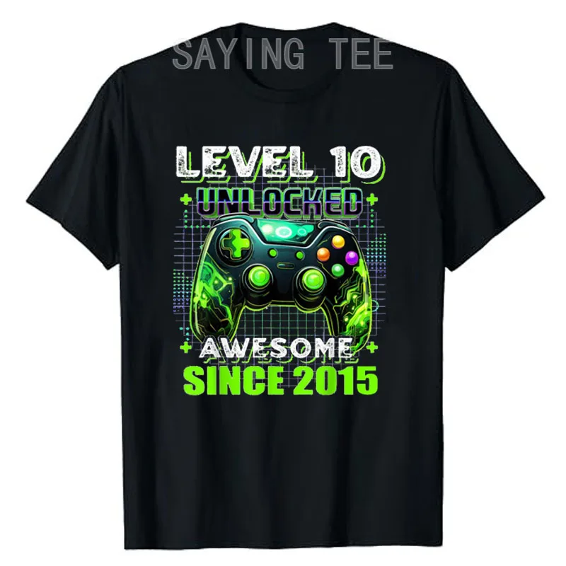 

10th Birthday Gamer 10-Year-Old Funny Bday Boy Son T-Shirt Level 10 Unlocked Awesome Since 2015 Video Game Controller Saying Tee