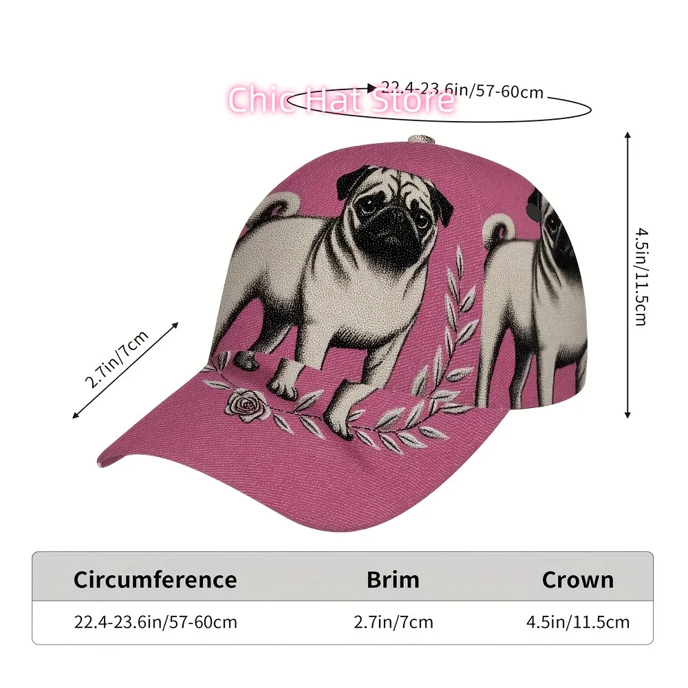 Stylish Design 1pc Pug Elegance Print Classic Baseball Cap - Adjustable, Comfortable, Lightweight Hat Featuring a Floral Pattern